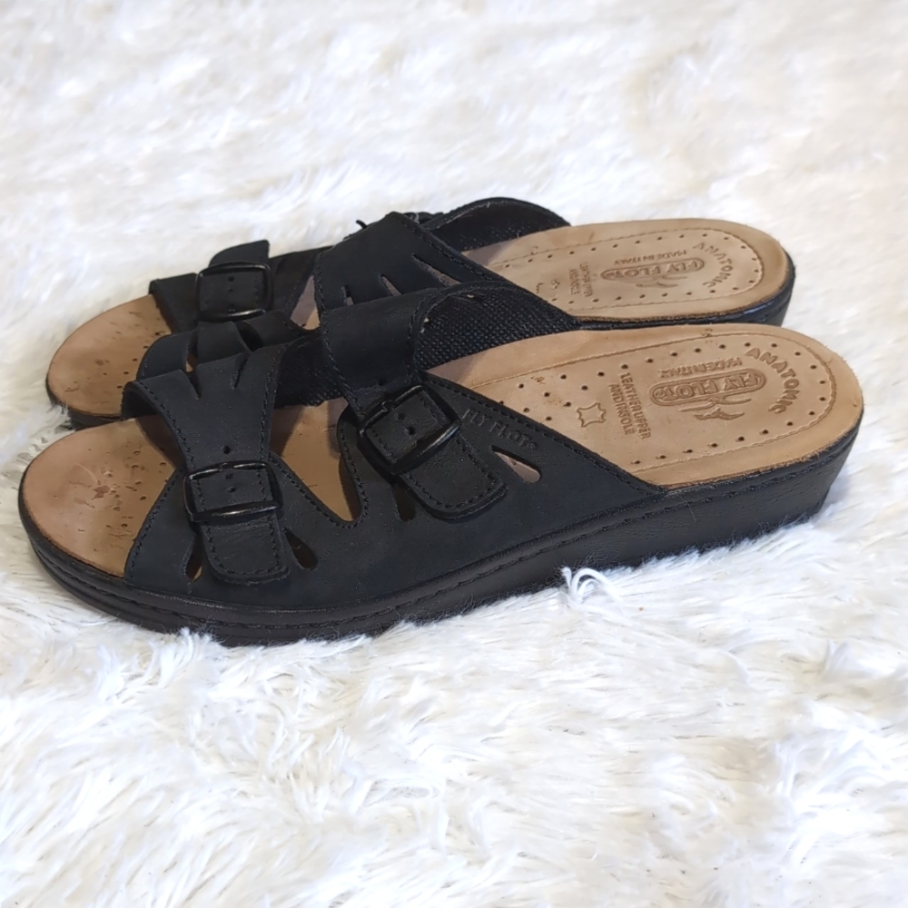 Fly Flot Black Genuine Leather Buckle Slide Sandals Size 40/8 - Picture 4 of 12